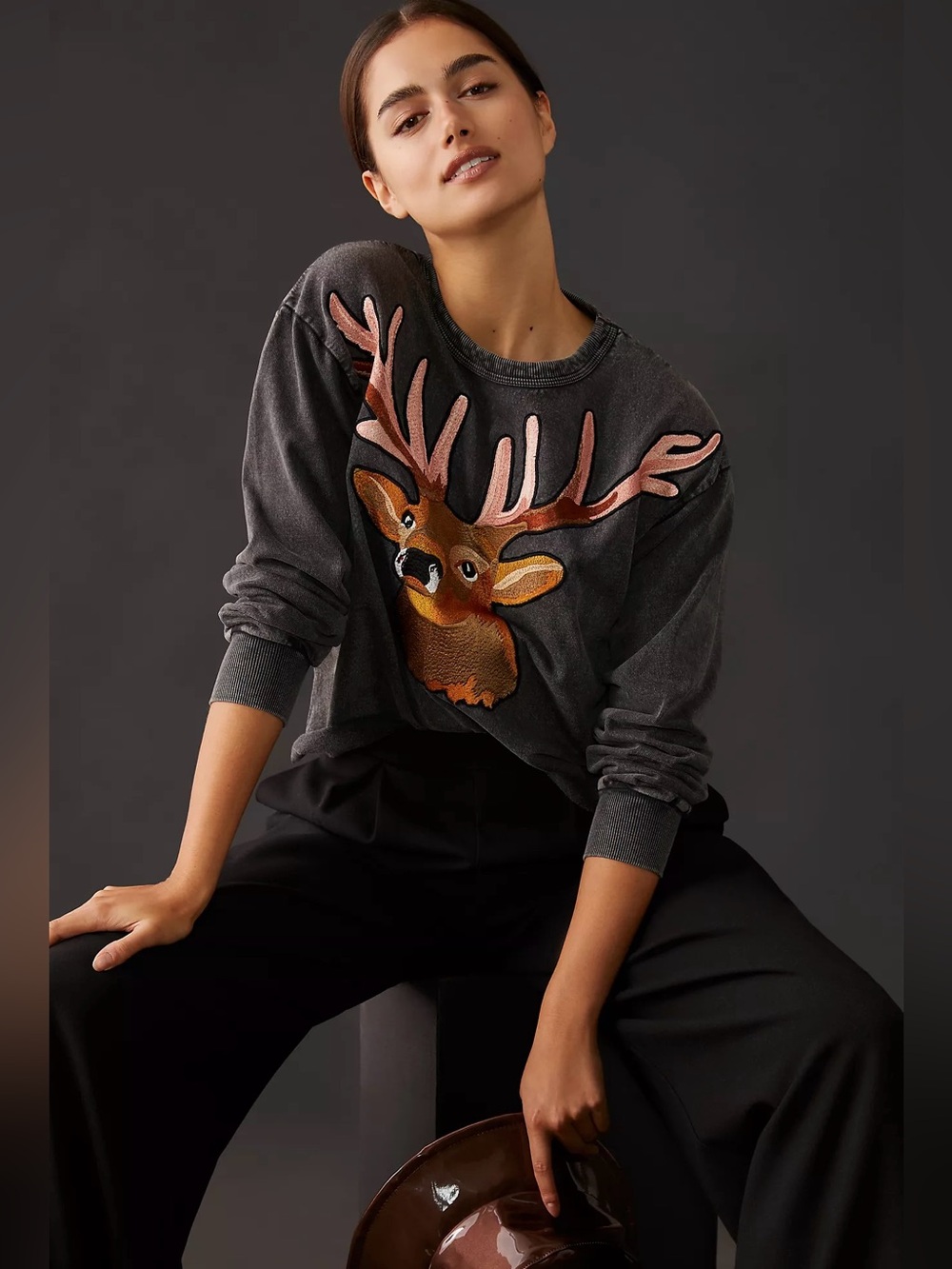 Women’s Anthropologie TINY Embroidered Reindeer Crewneck Sweatshirt | Small